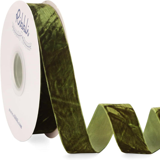 Ribbli Moss Green Velvet Ribbon 1 Inches Luxury Crinkled Green Christmas Ribbon for Gift Wrapping Crafts Home Decor-Continuous 10 Yard