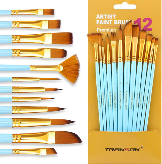 Transon Art Painting Brush Assorted Set of 12 for Acrylic Watercolor Gouache Hobby Painting