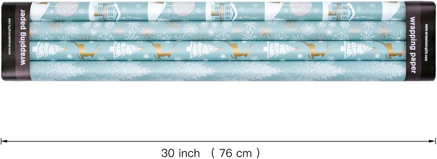 WRAPAHOLIC 30 Inch Christmas Wrapping Paper Roll - Jumbo Roll Blue and Silver Reindeer, Christmas Tree, Snowflake Holiday Design Printed on Pearlized Paper - 4 Rolls - 30 Inch x 120 Inch Per Roll