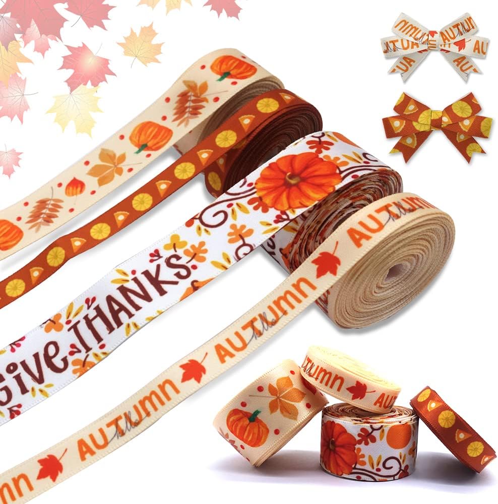 4 PCS Thanksgiving Fall Ribbons Pumpkin Leaves Printed Grosgrain Ribbons White Orange Ribbon Hello Autumn Craft Ribbons for Gift Wrapping Fall Thanksgiving Decor (20 Yards, 0.78''&0.39'')