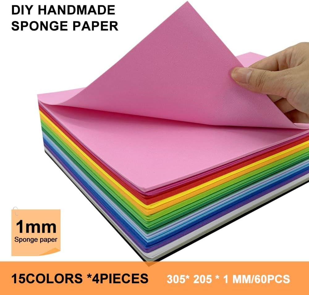 60 Pack EVA Foam Sheets, 12 x 8 Inch, 1mm Thick, Assorted 15 Colors Crafting Sponge Foam Paper for School Scrapbooking and DIY Craft Projects
