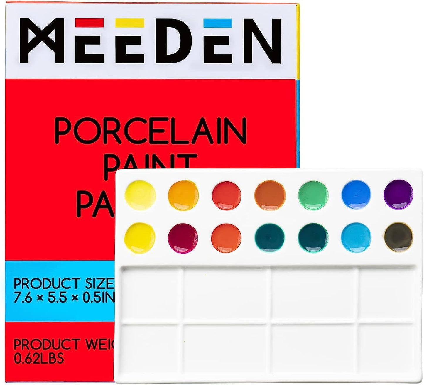 MEEDEN 22-Well Ceramic Watercolor Palette, Rectangle Porcelain Artist Paint Palette, 7.6'' × 5.5'' Ceramic Mixing Tray for Gouache, Watercolor, Acrylic Painting