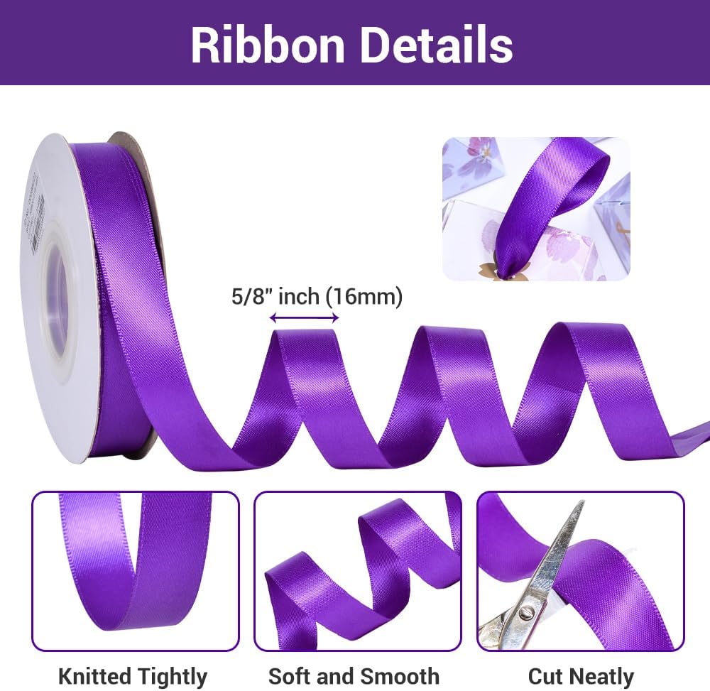 YAMA Double Face Satin Ribbon - 5/8" 25 Yards for Gift Package Wrapping,Floral Design,Hair Bow Clip Making,Crafting,Sewing,Wedding Decor, Purple