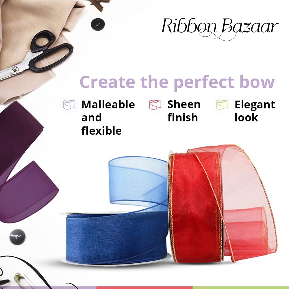 Ribbon Bazaar Sheer Organza Wired Ribbon - 100% Polyester Wire Edged Ribbon for Floral Decor, Table Arrangements, Apparel Embellishment & More - 1-1/2" Shocking Pink 25yd