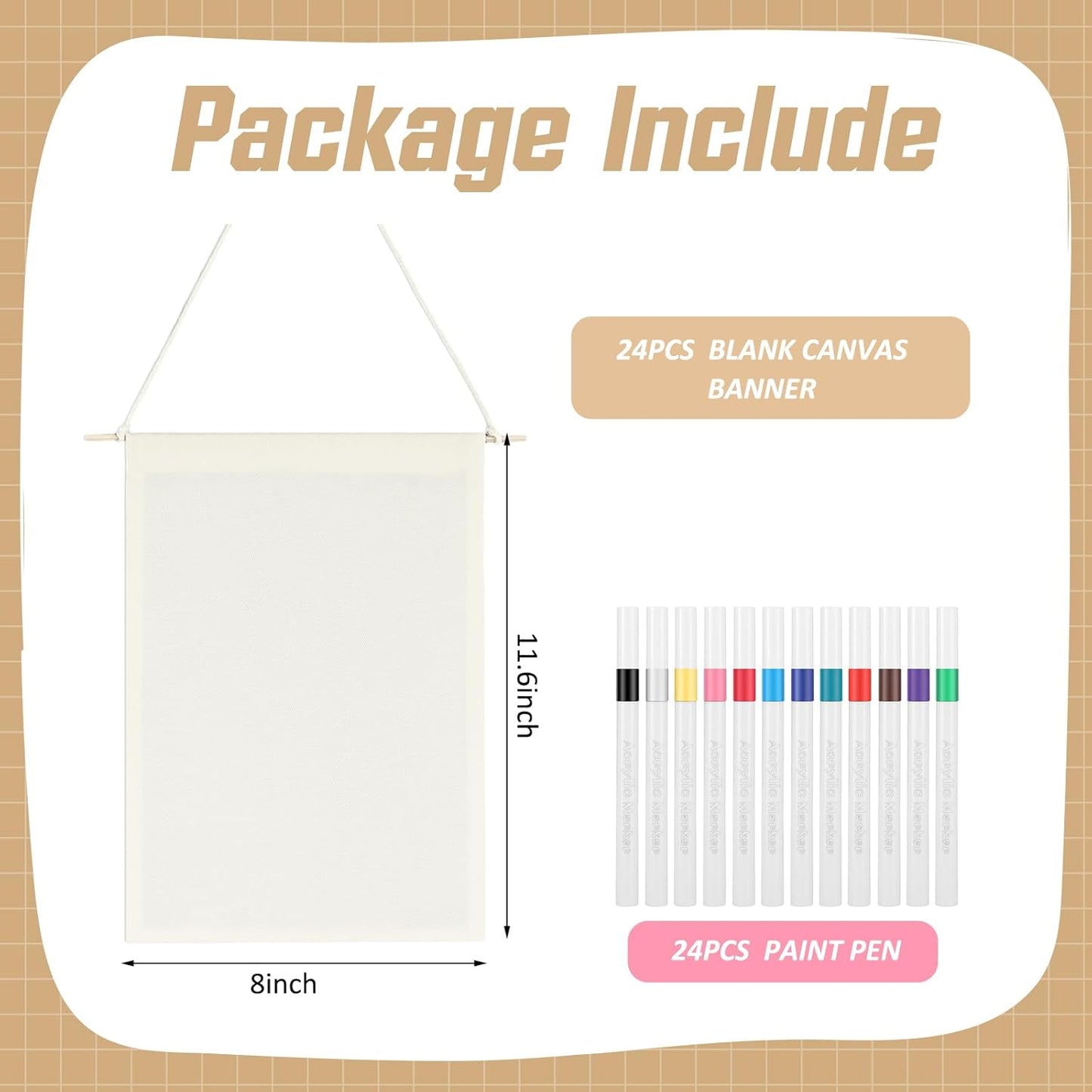 Mindsoft 48 Pcs Blank Canvas Banner Bulk Color Your Own Vertical Banner with Hanger with 12 Colorful Fabric Markers Pens Wall Display Banners for DIY 24 Students Paint Art Classroom School Camp Party