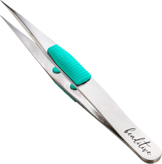 Beaditive High Precision Heavy-Duty Tweezers With Cushion - 4.7" Craft Tweezers for Sewing, Beading & DIY Crafts - Non-Serrated, Fine Point Tips - Stainless Steel Needle Nose Hobby Tweezers (Teal)