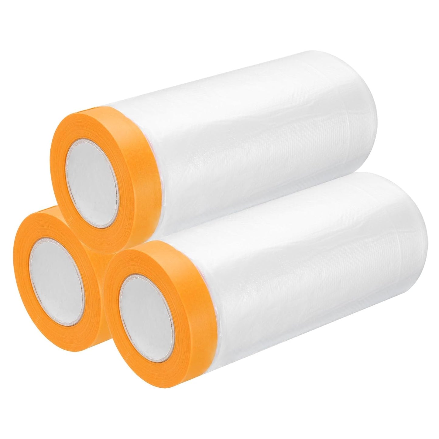 uxcell 3 Rolls Painters Plastic with Tape, 6 x 52 Ft Pre-Taped Masking Film Tape and Plastic Film Paint Plastic Covering Roll for Covering Skirting, Frames and Auto Body, Yellow/Clear