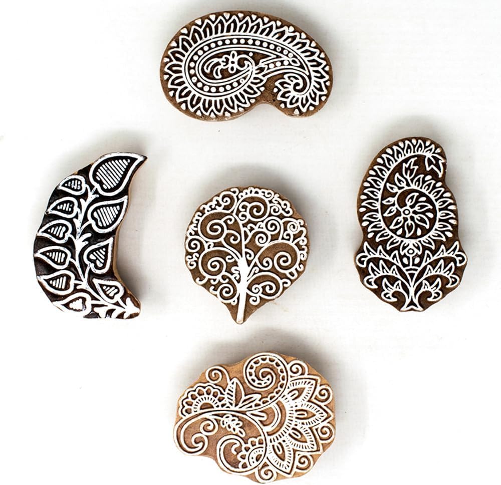 Handcarved Wooden Block Stamp for Printing Scrapbooking/Wooden Stamps for Project Designing/Fabric Textile/Clay/Pottery Craft/Tattoo | Set of 5 | Hashcart®