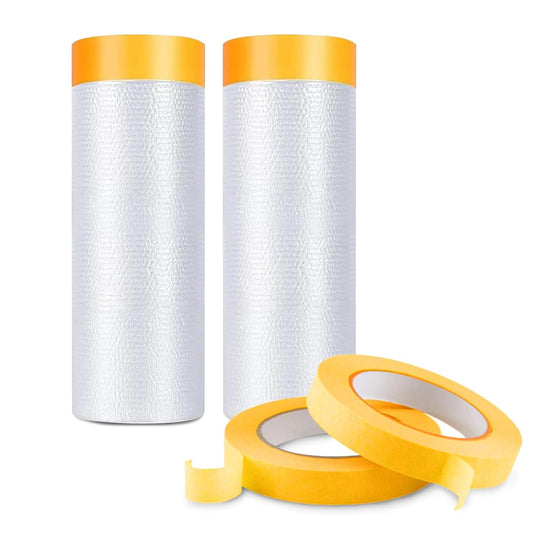 Pre-Taped Masking Film for Painting 59inx65ft Plastic Painters Sheeting Tape and Drape Painters Paper Rolls for Automotive Painting Covering (2 Rolls+2 Tapes)