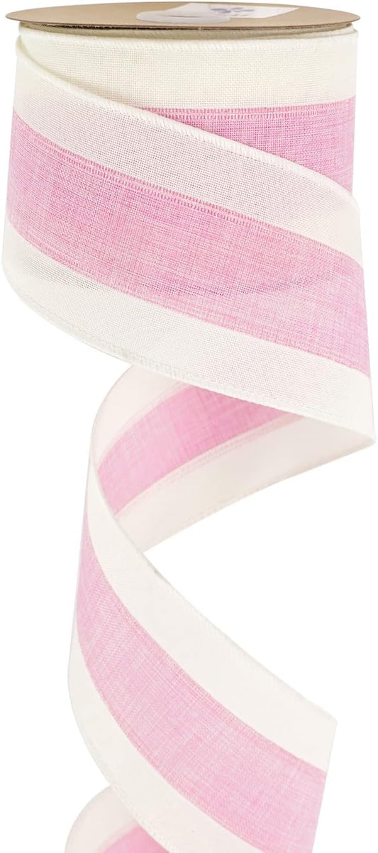 MEEDEE Pink White Stripe Wired Burlap Ribbon with Ivory Stripes Edge - 2.5 Inch, Light Pink (10 Yards) for Wreaths, Garland, Lantern, Mailbox Topper Bow