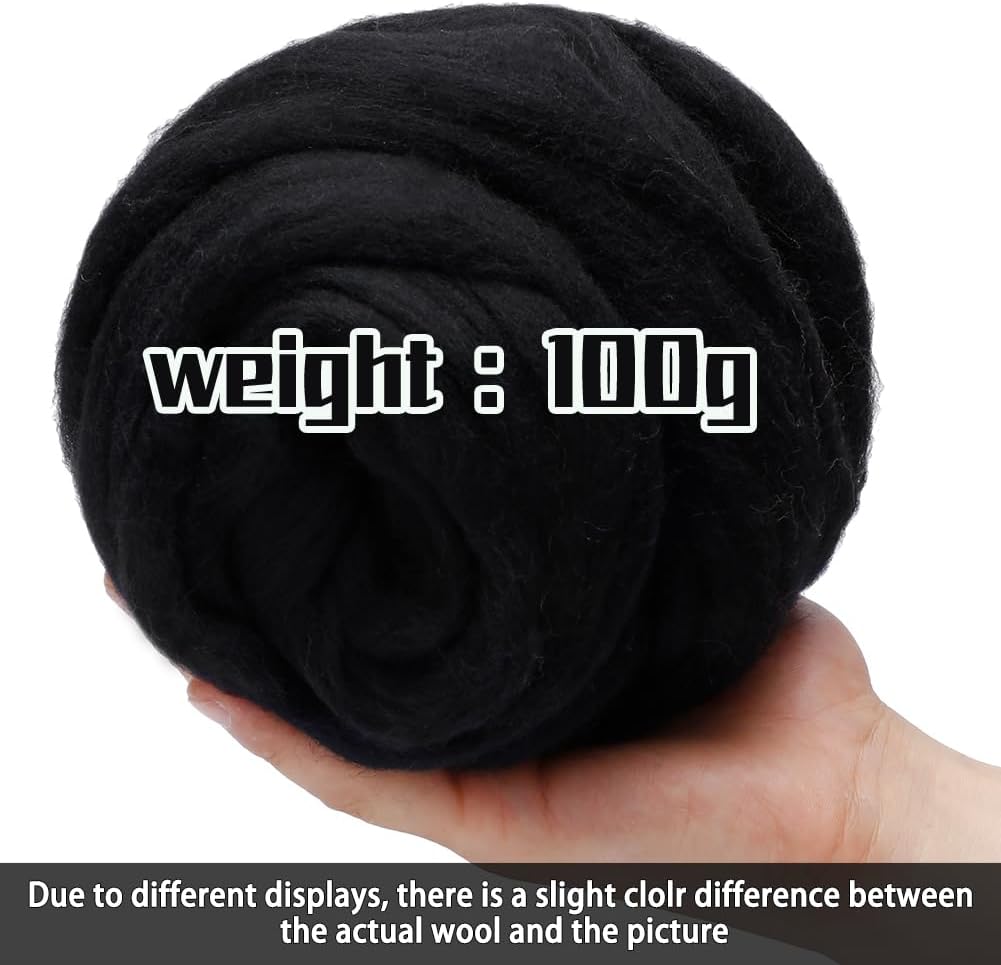 3.53oz Wool Roving Yarn, Wool Felting Supplies, Pure Wools, Chunky Yarn, Spinning Wool Roving for Needle Felting Wet Felting DIY Hand Spinning (Black)