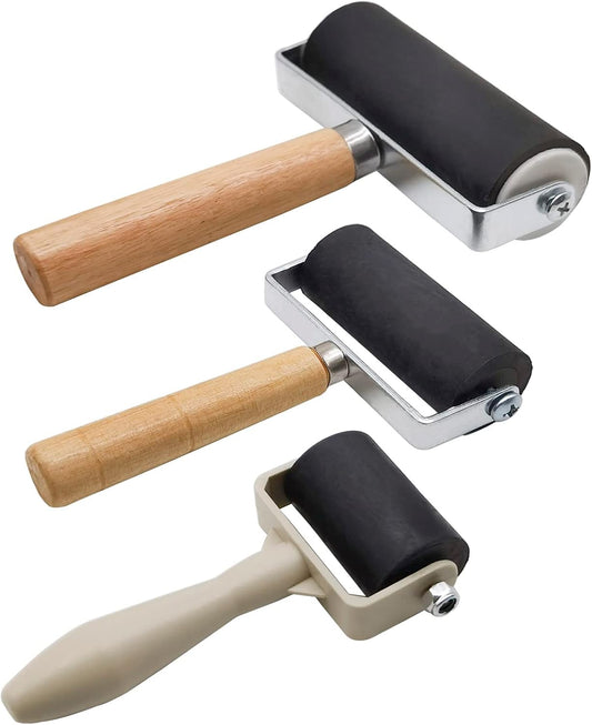 3 Pack Rubber Brayer Roller,1.4/2.4/4 Inch Hard Rubber Brayer Rollers,Art Craft Roller for Printmaking,Ink,Wallpapers Stamping Gluing