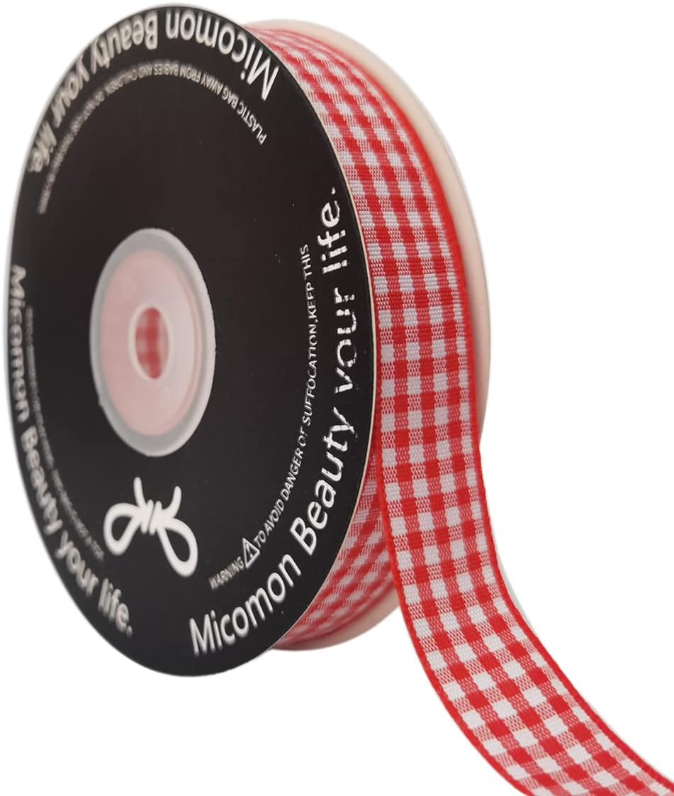 Red and White 100% Polyester Gingham Ribbon 25 Yards Each Roll (5/8", red)