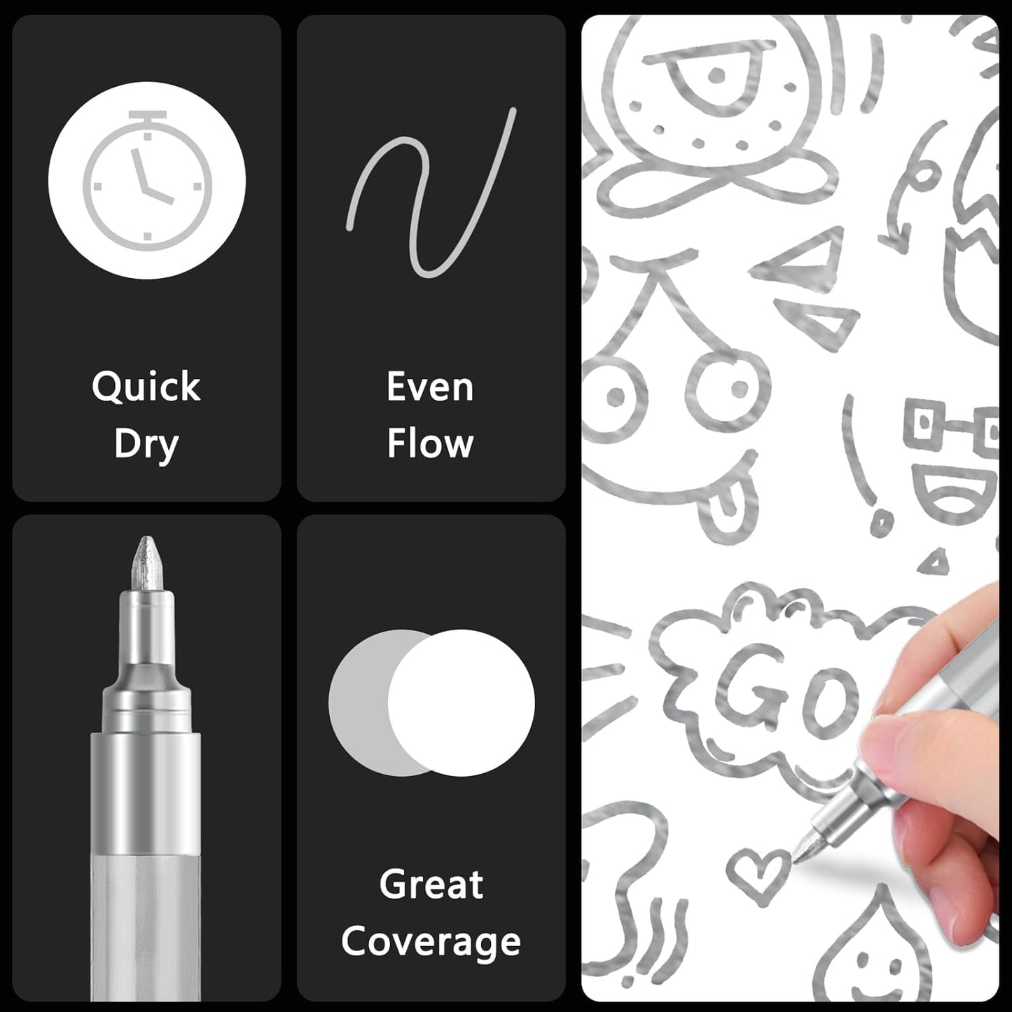 SFAIH Acrylic Silver Paint Pens - 8 Pack 2-3MM Medium Tip & 0.7MM Extra Fine White Paint Marker for Rock Painting, Wood, Metal, Fabric, Canvas, Glass, Ceramic, Diy Crafts