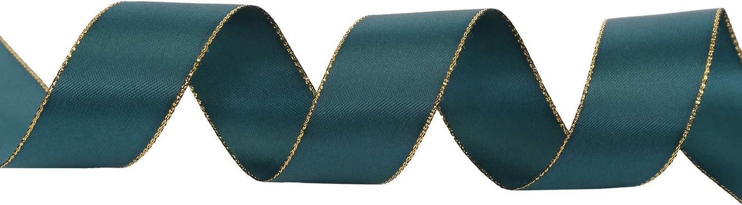 ITIsparkle 1" Inch Double Faced Satin Ribbon 25 Yards with Gold Edges, 1" X 25Yd - Teal
