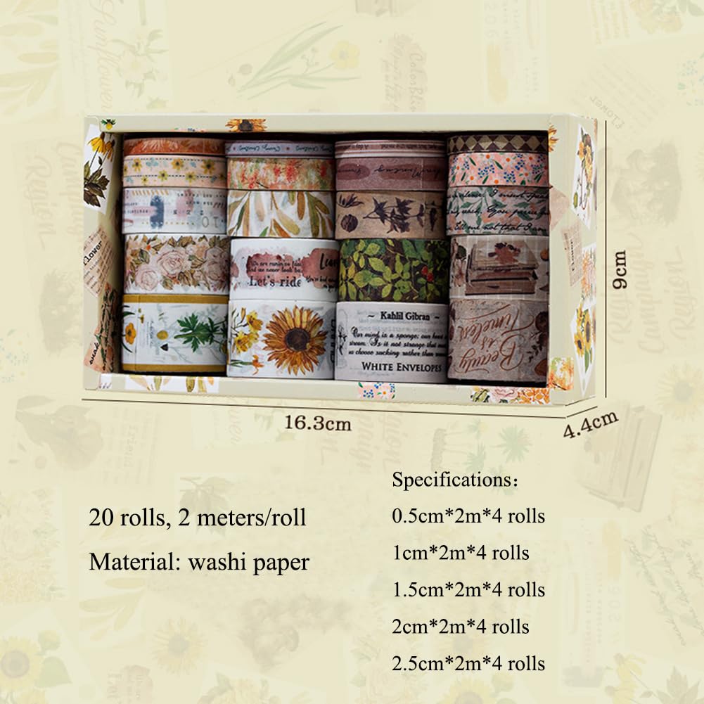 MAFELOE Decorative Vintage Washi Tapes Set 20 Rolls 2 Meters Long, Adhesive Scrapbook Junk Journaling Art Craft Collage Supplies-Forest Dream Series-Khaki (WT-M4-SLMJ)