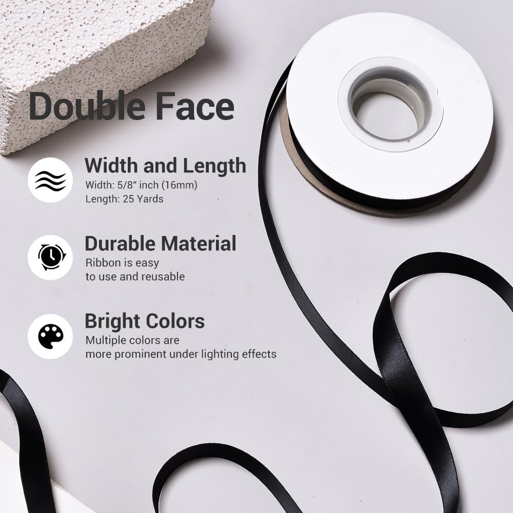 YAMA Black Double Face Satin Ribbon 5/8" 25 Yards Black Ribbon for Gift Package Wrapping,Floral Design,Hair Bow Clip Making,Crafting,Sewing,Wedding Decor