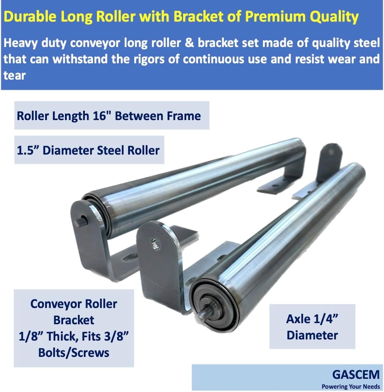 Long Roller with Bracket Set | 16" Length, 1.5" Diameter | Galvanized Steel | Versatile Support for Roller Stands, Woodworking, and Conveyors | Pack of 2