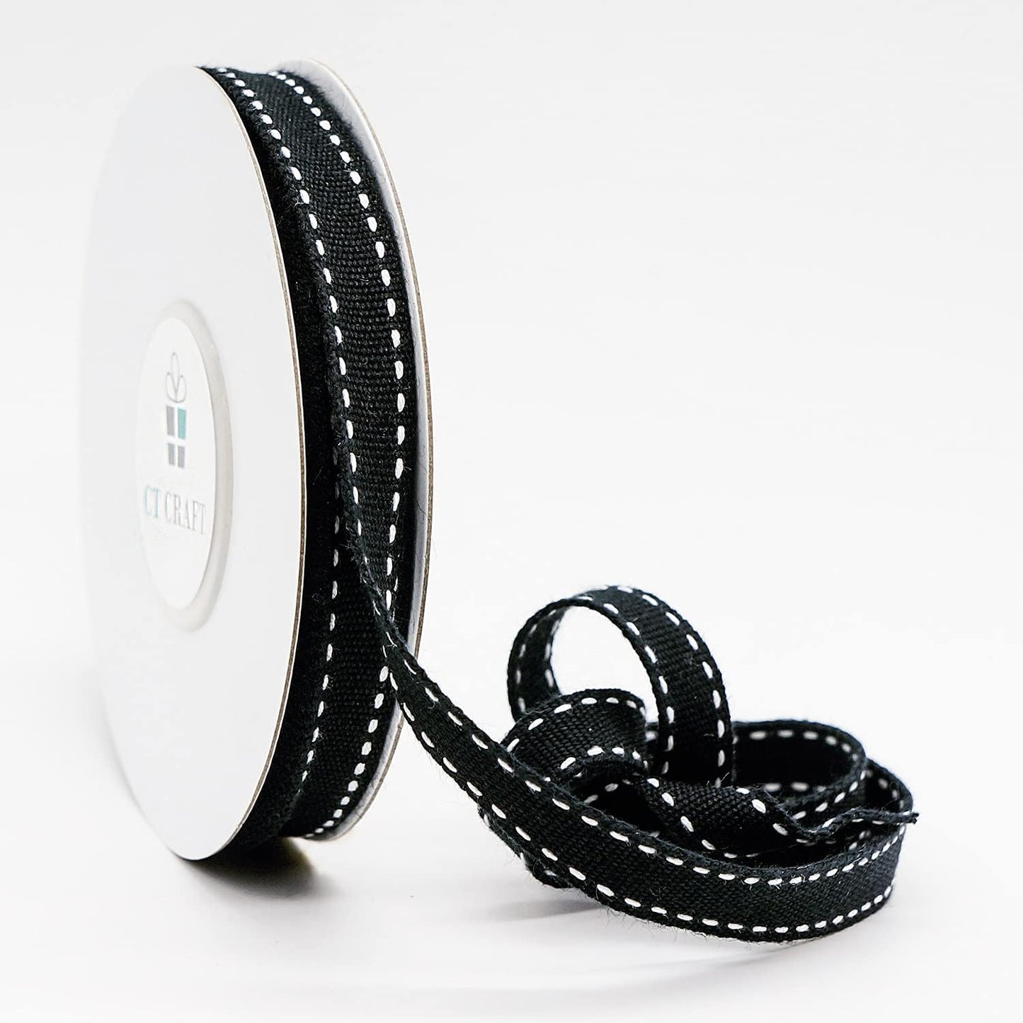 CT CRAFT LLC Black Cotton White Stitched Ribbon 3/8" x 10 Yards for Home Décor Gift Present Wrapping DIY Crafts Birthday Wedding Bouquet Christmas
