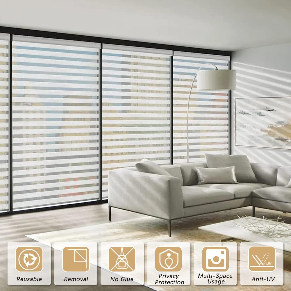 Qualsen Privacy Window Film, Frosted Windows Privacy Film, Frosting Cling for Glass, Anti-UV Reeded Blinds Sticker for Home Office Meeting Room, Stripe Patterns, 23.6x118inch