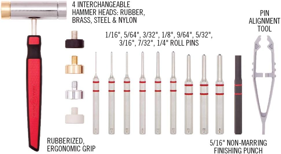 Real Avid Roll Pin Punch Set & Hammer + Non-Slip Magnetic Bench Block | 10 Nickel-Plated Steel Roll Pin Punches, 4 Interchangeable Hammer Heads - Brass, Steel, Ruber, Nylon & Non-Marring Bench Block