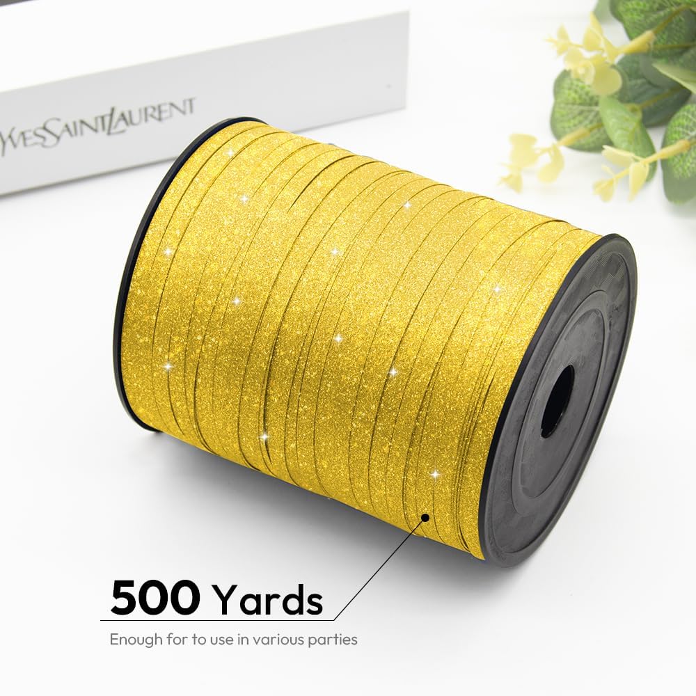 KMER LIFE Golden Glitter Curling Ribbon, 1/5" Wide x 500 Yards Christmas Curling Ribbons for Gift Wrapping, Party Decoration, Balloon String, Crafting, Balloon Ribbons for Florist Flower (1 Roll)