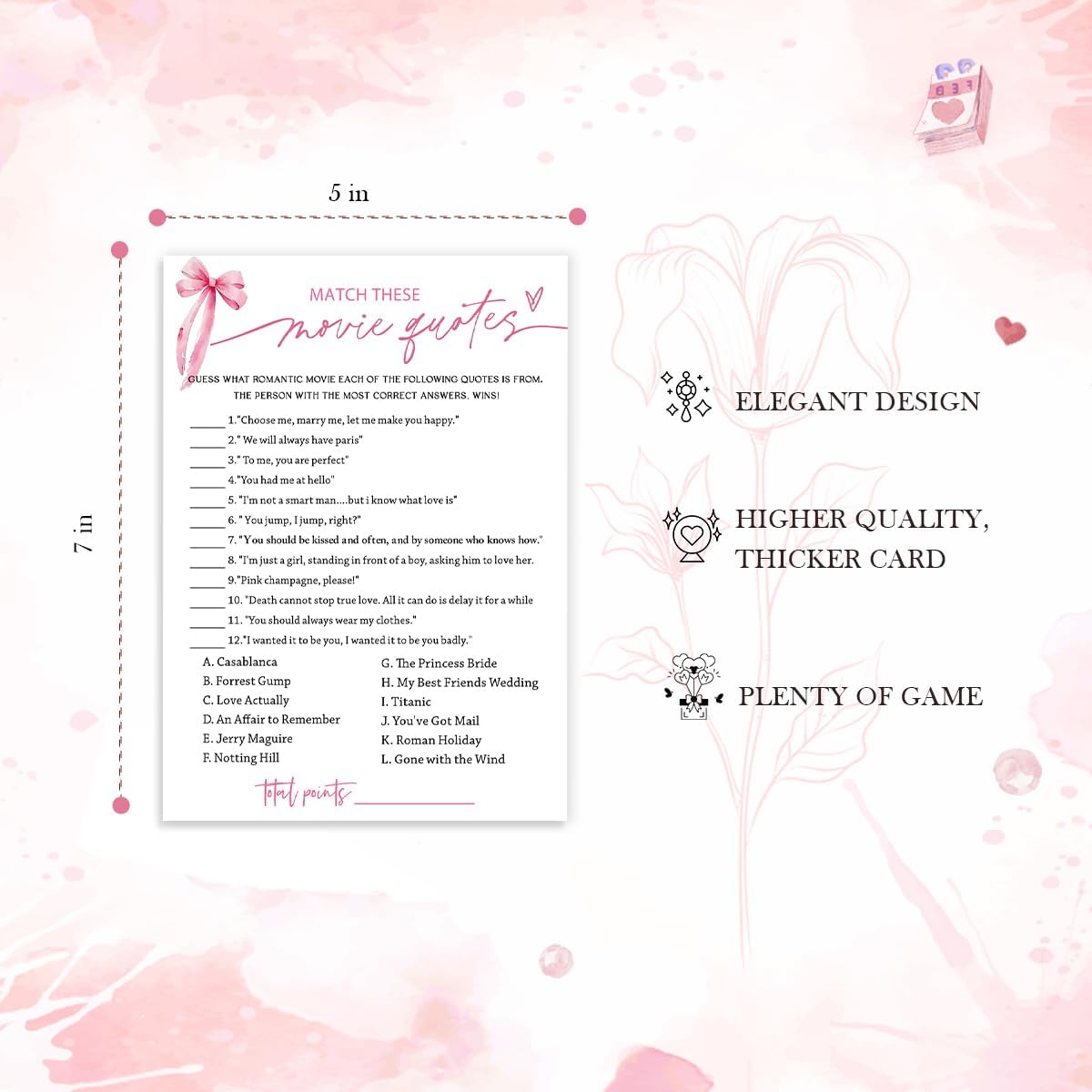 Bridal Shower Games Cards, Match These Movie Quotes, 25 Cards with 1 Answer Card, Engagement Party Games for Guests, Pink Ribbon Bow Wedding Party Supplies - E09
