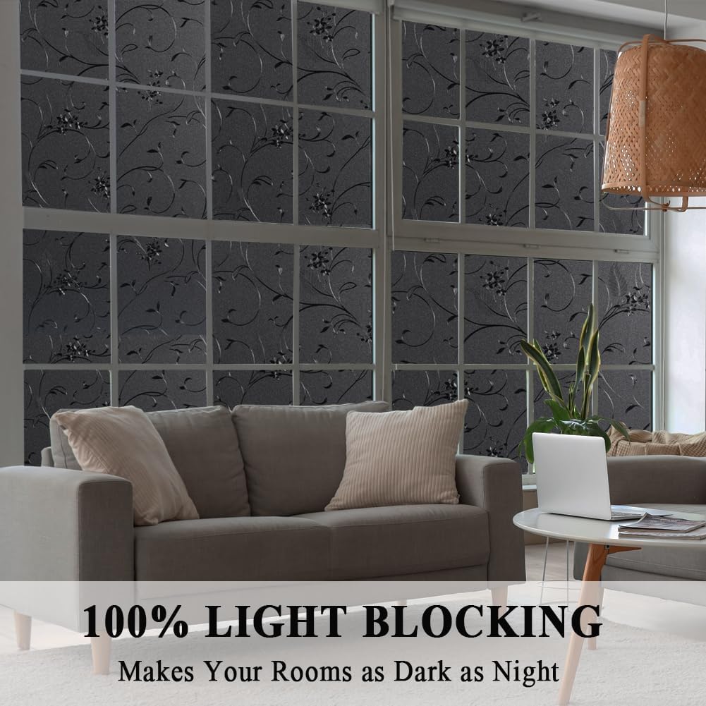 Mikomer Total Blackout Window Film,100% Light Blocking Privacy Glass Door Film Etched Flowers,Room Darkening Window Cling,No Glue/Heat Control/Anti UV for Day Sleep & High Privacy,11.8In. by 78.7In.