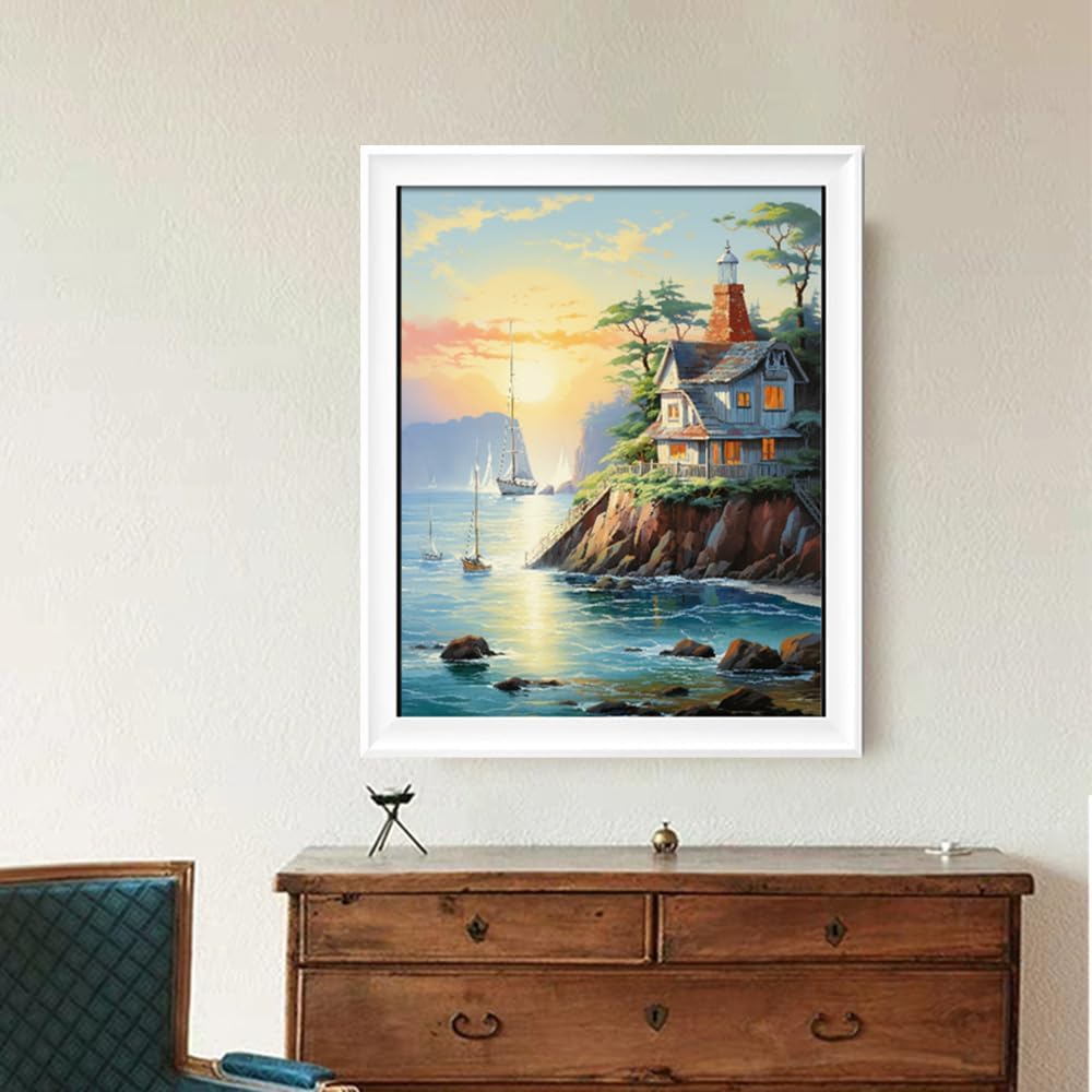 Leczany Cross Stitch Stamped Kit for Adults or Kids - Beach House | DIY Embroidery Starter Patterns Craft Kit Needlepoint for Beginner | 11CT, 3 Strands | 13.4x16.9 inches