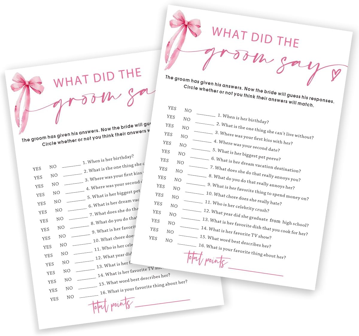 Wedding Shower Games Cards, What Did The Groom Say, Bridal Shower Games 25 Guests, Engagement Party Wedding Games for Guests, Pink Ribbon Bow Wedding Party Supplies - E12
