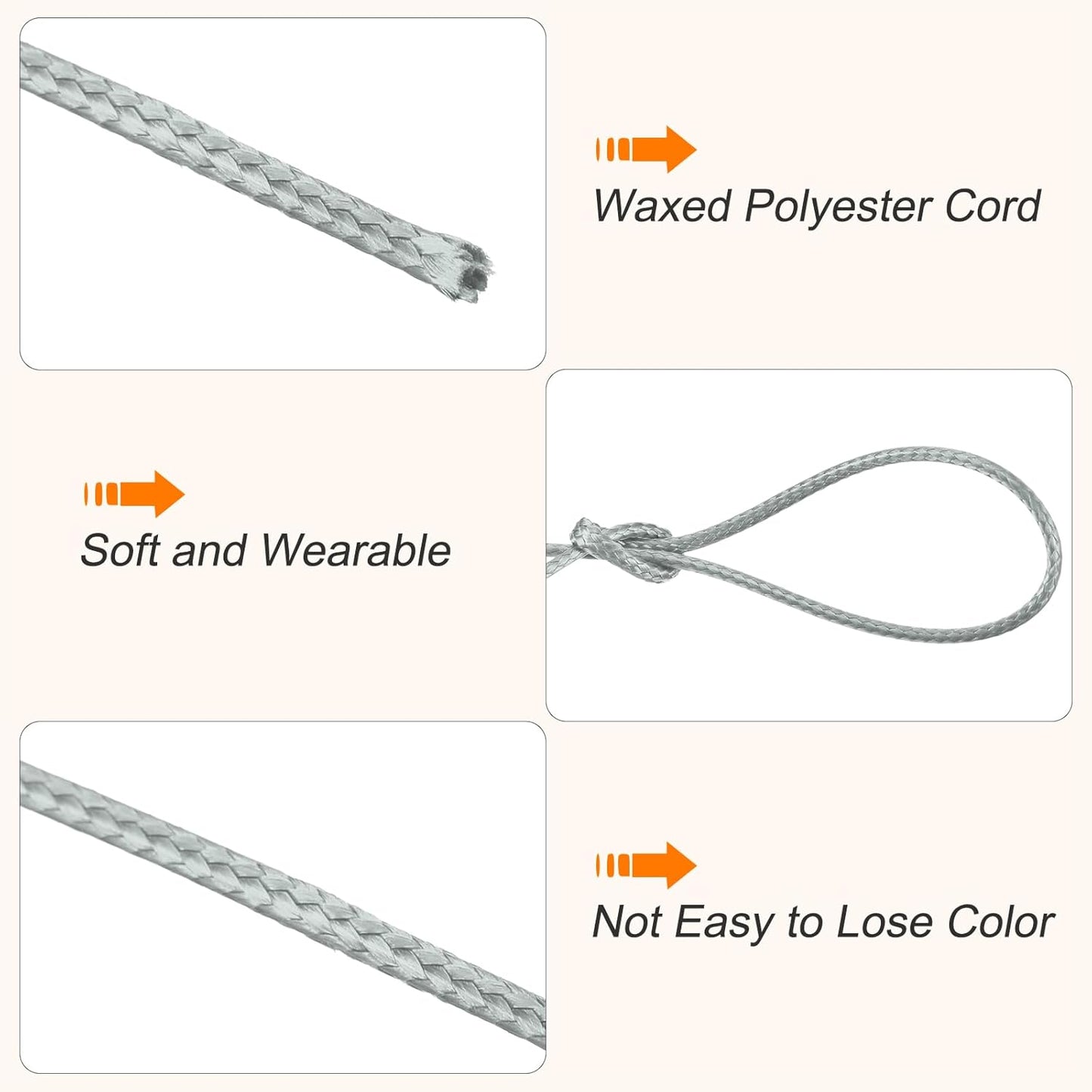 MECCANIXITY Waxed Cord 1mm Waxed Polyester Cord 175 Yard Wax String for Bracelet Making,Necklaces, Beading,Jewelry Making and DIY Crafts(Light Grey)