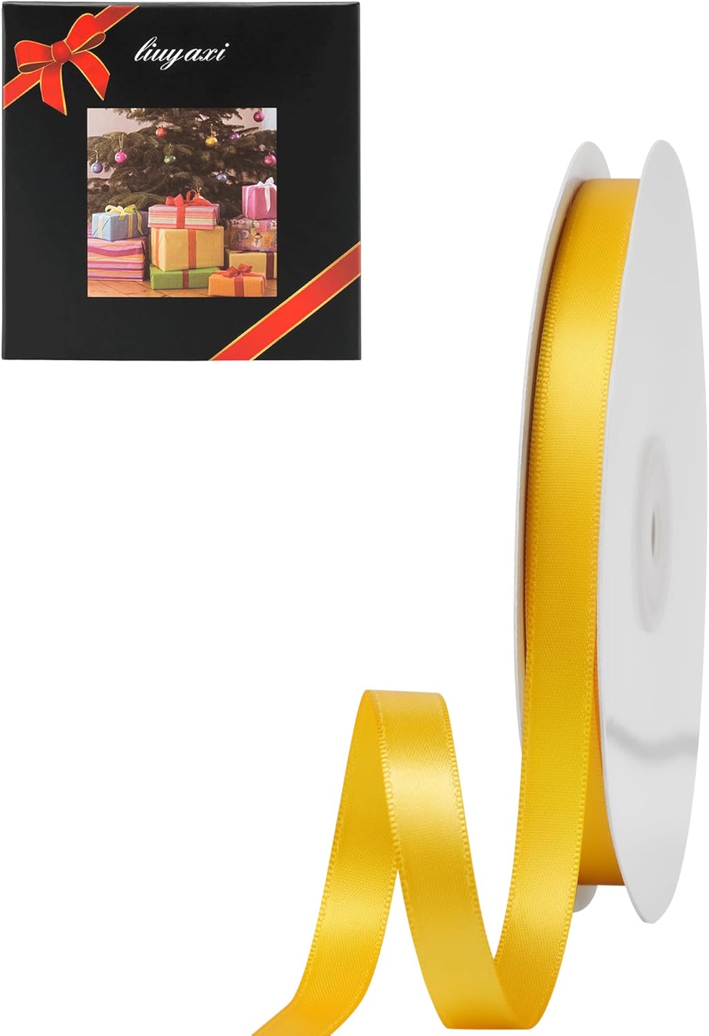 LIUYAXI Yellow Double Faced Satin Ribbon, 3/8" X Continuous 25 Yards, Ribbons Perfect for Gift Wrapping Bows Bouquet Wedding Decor DIY Craft and More