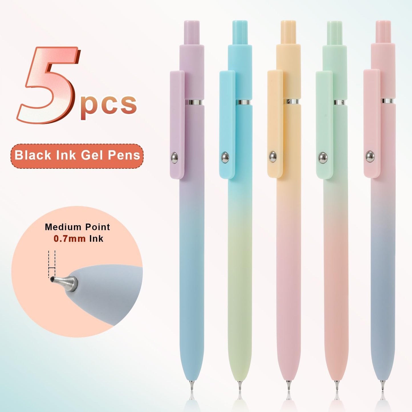Gel Pens, 5Pcs Smooth Writing Medium Point 0.7mm Pens for Journaling, Black Ink Cute Stationary Office Desk Accessories, Aesthetic School Office Supplies for Women (5Pcs Gradient-Black Ink)