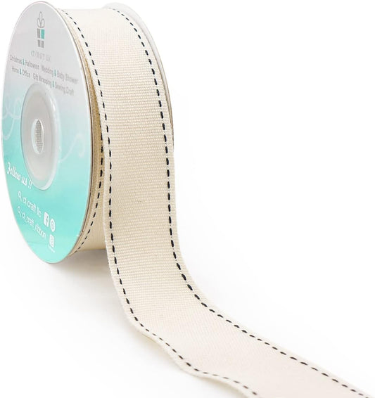 CT CRAFT LLC Ivory Cotton Black Stitched Ribbon 7/8" x 10 Yards for Home Décor Gift Present Wrapping DIY Crafts Birthday Wedding Bouquet Christmas