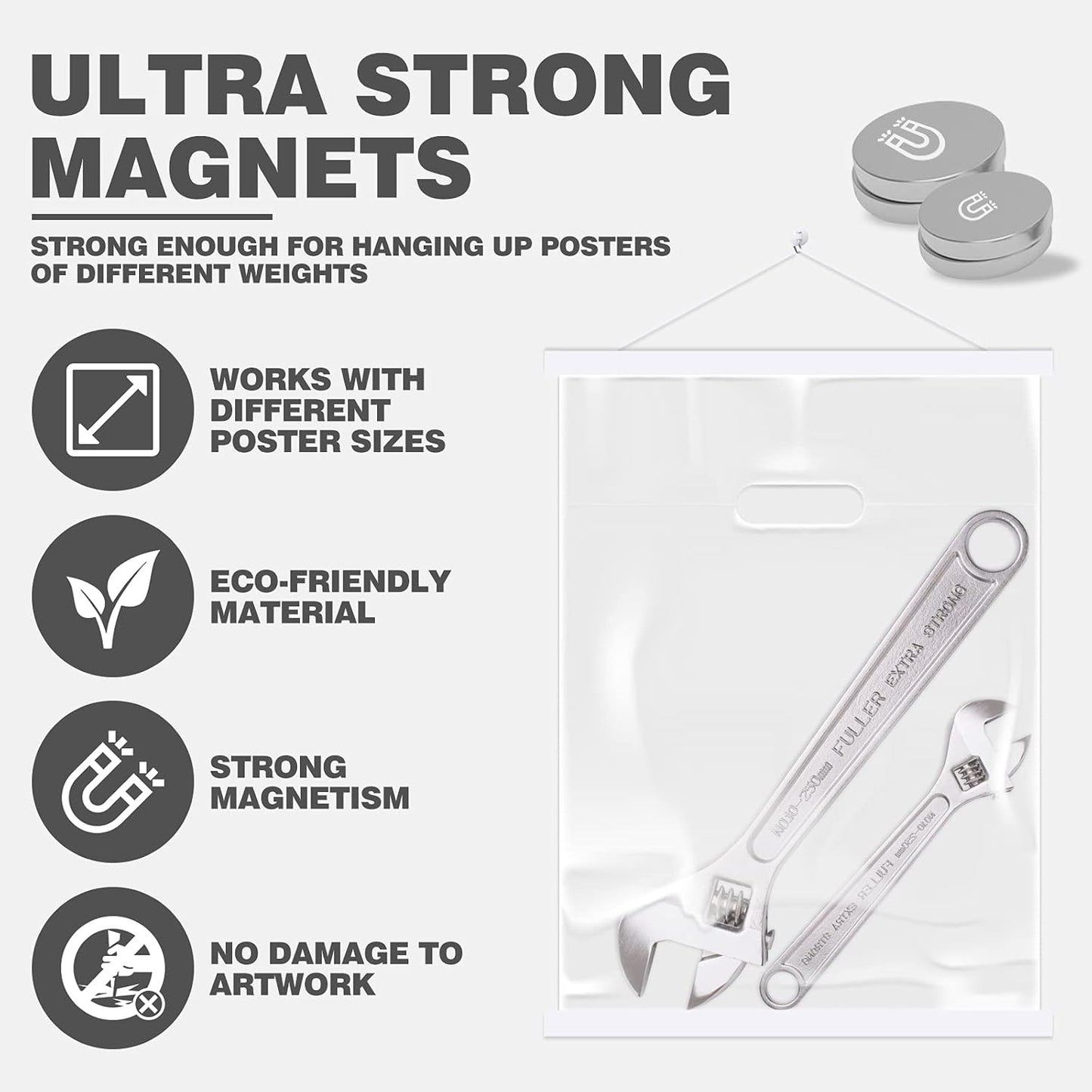 Ywlake Magnetic Poster Hanger, 17x24 17x11 17x22 Poster Frame Wood Wooden Magnet Print Posters Dowel Scroll Hanger Hangers Hanging Kit for Walls Map Canvas Artwork (White, 17")