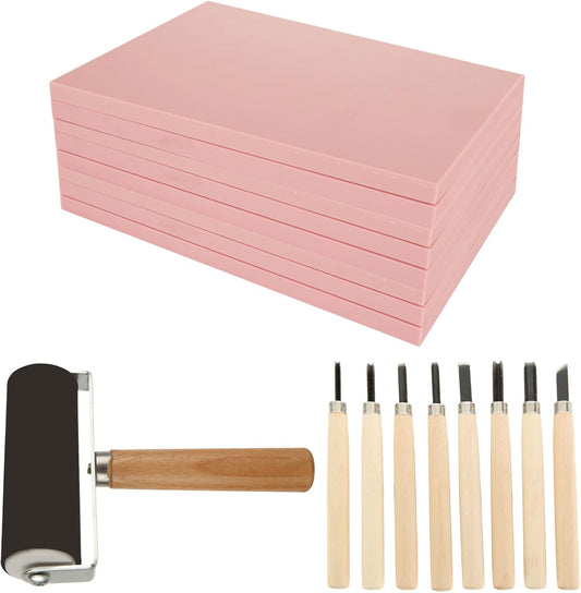 10 Pack Rubber Stamp Making Kit - Block Printing Kit，Linoleum Carving Tools with 8 Type Blades, 8 Pcs Pink Rubber Carving Block and Rubber Brayer Roller