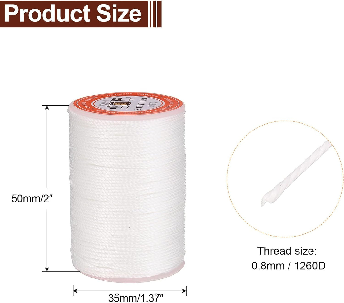 uxcell Round Leather Sewing Waxed Thread, 55m / 60 Yards Wax Polyester String, 0.8mm Waxed Stitching Cord for Leather Crafts, Bookbinding, Bracelets Braided, White