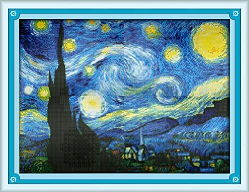 Stitchmelody Cross Stitch Kits,14CT Counted Kit for Adults, Unprinted Pattern Embroidery Kits,DMC Threads Supplies-The Starry Night of Van Gogh 18.1''×13.8''