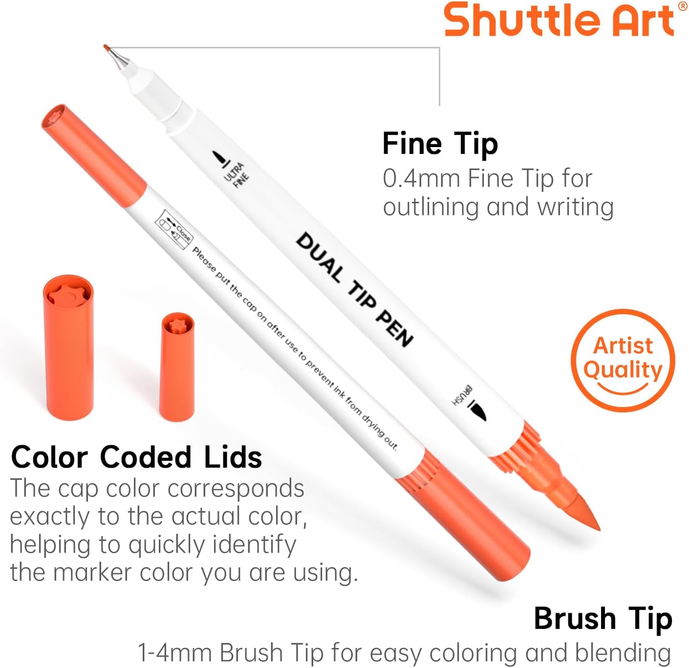 120 Colors Dual Tip Brush Marker Pens with 1 Coloring Book, Fineliner and Brush Dual Tip Markers Set, Water-based Ink Perfect for Kids Adult Artist Calligraphy Hand Lettering Journal Doodling Writing