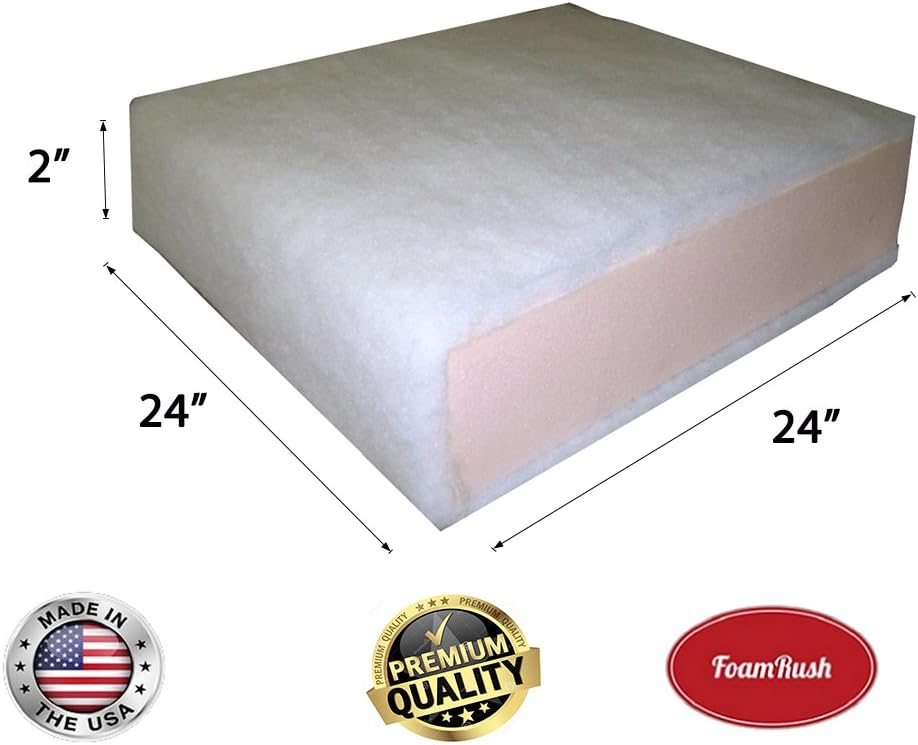 FoamRush 2" x 24" x 24" Seat Cushion Foam with Batting/Dacron (Cushion Seat Replacement) Made in USA