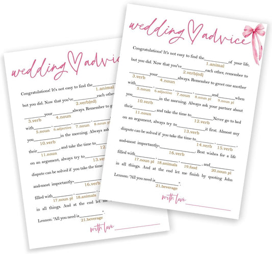 Wedding Shower Games Cards, Wedding Advice Word Game, Bridal Shower Games 25 Guests, Engagement Party Wedding Games for Guests, Pink Ribbon Bow Wedding Party Supplies - E06