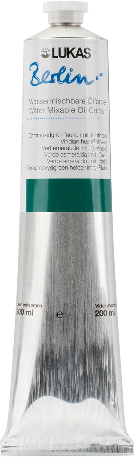 Lukas Berlin Pro Artists Water Mixable Oil Paint 200 ml Tube Viridian Hue, Water Soluble, Lightfast Pigments, Quick Drying, Easy Clean-Up, Eco-Friendly, Professional Quality, 40 Color Range