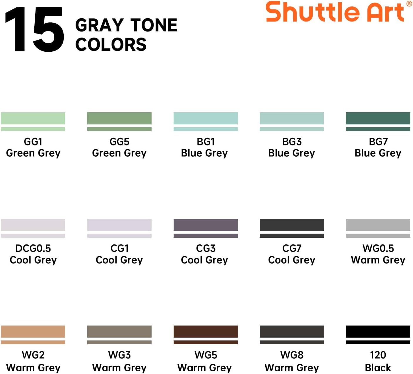 Shuttle Art 15 Colors Grey Tones Dual Tip Art Marker, Alcohol Based Marker Pens Double Ended with Fine and Chisel Point Tips Perfect for Drawing,Shading,Sketching,Designing,Outlining,Illustrating