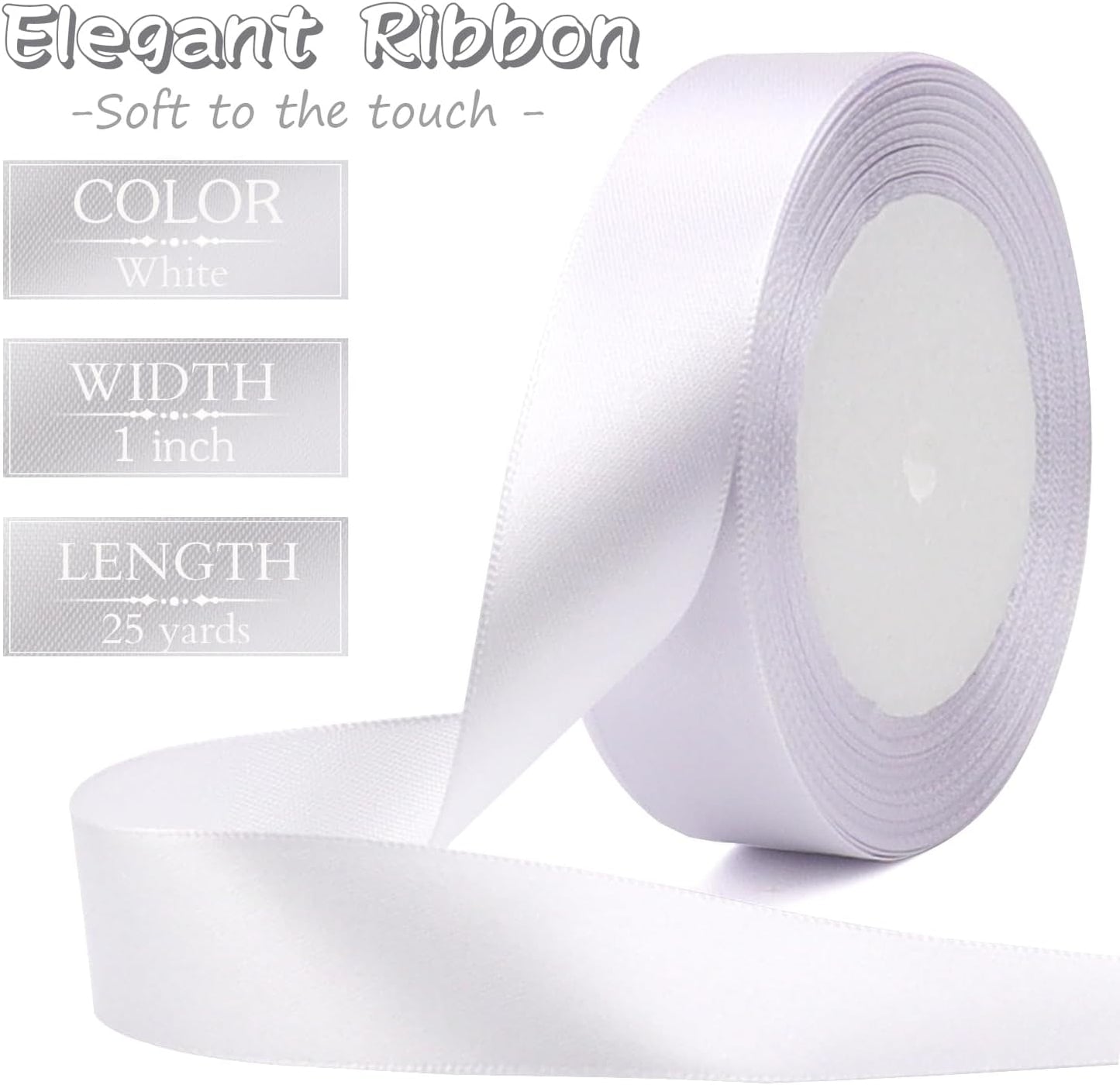 White Solid Satin Ribbon 1 Inch 25 Yards Solid Polyester Fabric Ribbon for Gift Wrapping Wedding Christmas Baby Shower Birthday Party Decoration Handmade Immortal Flower Craft