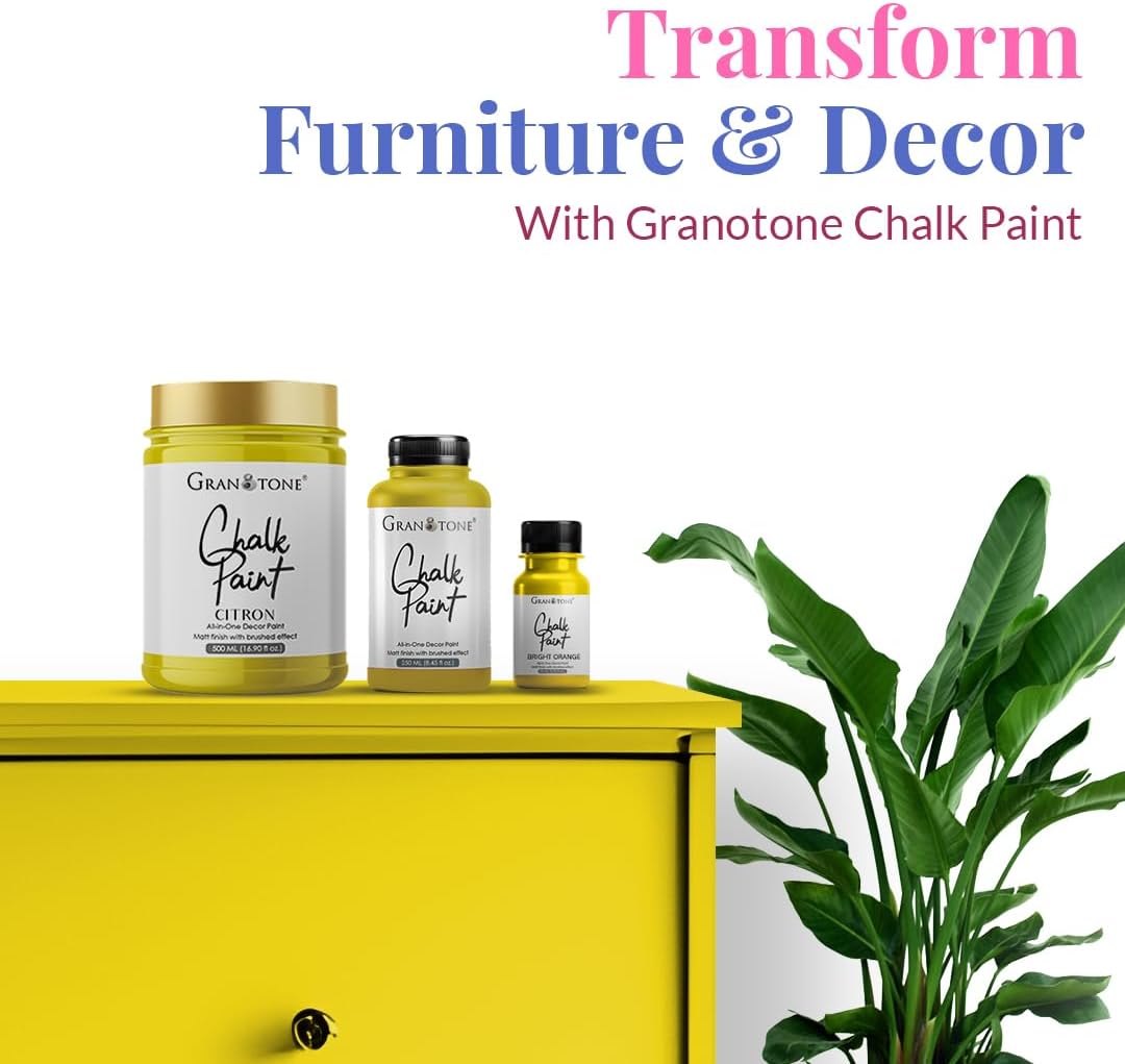 GRANOTONE Chalk Paint for Furniture | Matt-Finish Water-Based Acrylic Paint for Wood, Walls, Metal, Glass, Paper, Fabric Canvas | Maximum Coverage Chalk Paint for Kids & Adults, 250 Ml (CITRON)
