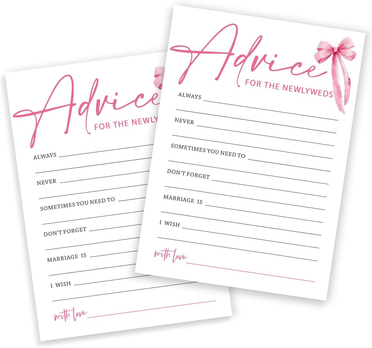 Wedding Shower Games Cards, Advice for The Newlyweds, Bridal Shower Games 25 Guests, Engagement Party Wedding Games for Guests, Pink Ribbon Bow Wedding Party Supplies - E01