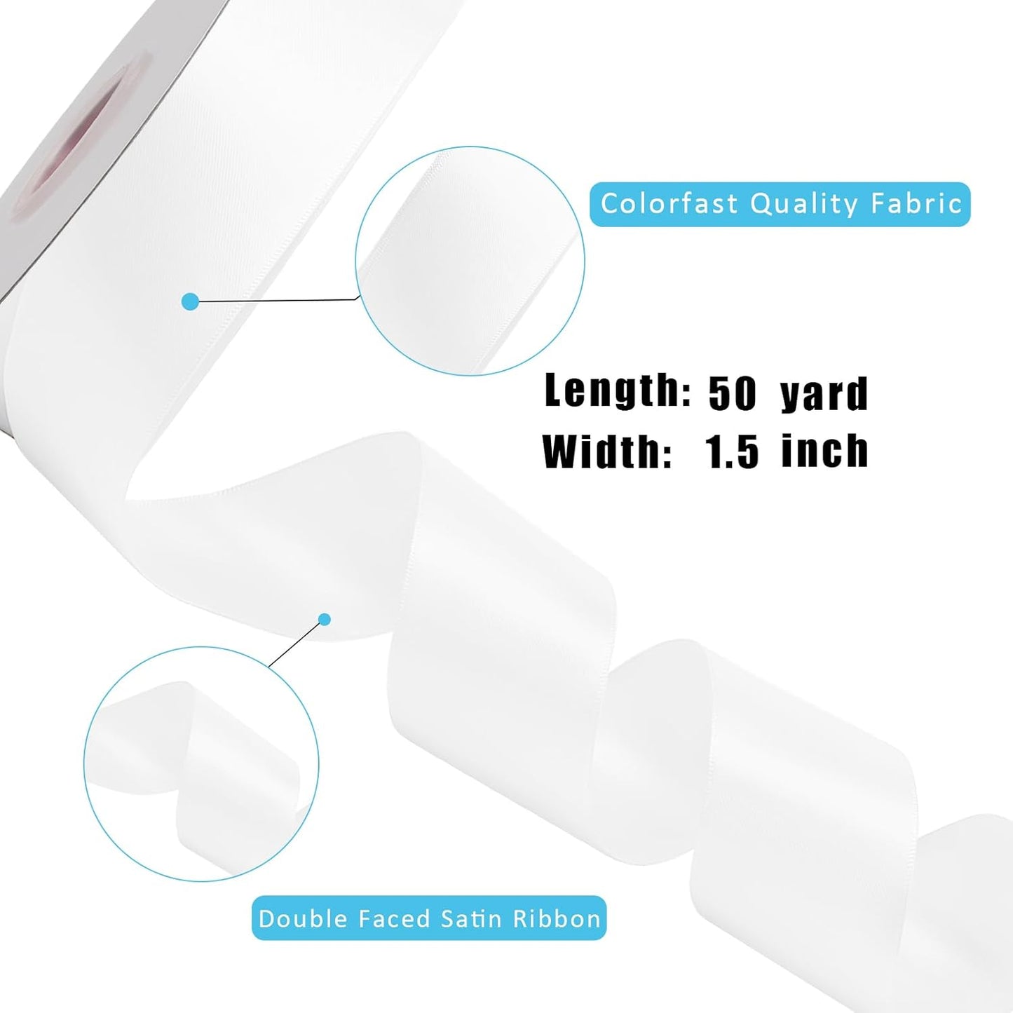 LaRibbons 1 1/2 Inch 50 Yard Double Faced Satin Ribbon,White Satin Craft Fabric Ribbon for Gift Wrapping Floral Bouquets Wedding Party Decoration