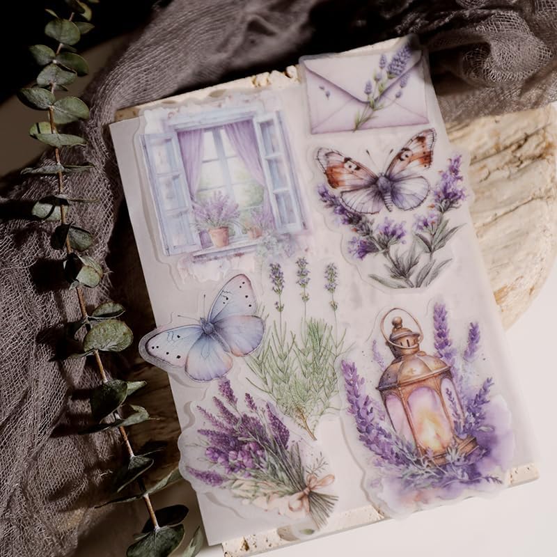 Vintage Vellum Stickers Floral Plants Elements Scrapbooking Supplies Flowers Botanic Natural Translucent Paper Self-Adhesive Junk-Journal Items (Lavender)