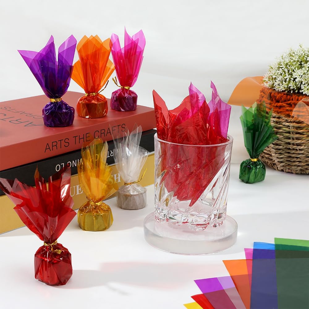 Cellophane Sheets 160 PCS Colored Cellophane Wrap 7.5x7.5 Inch Plastic Transparent Cellophane Paper Colorful Cellophanes Paper Sheet Cello Sheets Light Filters for Candy DIY Arts Crafts Decoration