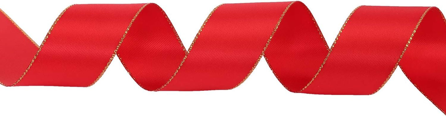 ITIsparkle 1" Inch Double Faced Satin Ribbon 25 Yards with Gold Edges, 1" X 25Yd - Red